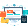 Graphic with computer monitor, shopping cart, credit card and shopping bag