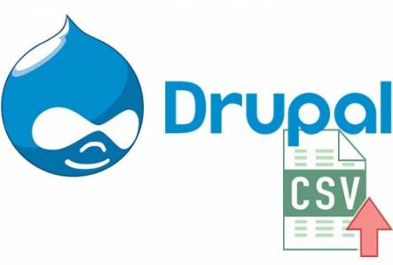 Drupal 8 logo and one CVS sheet next to it with arrow symbolizing upload/import