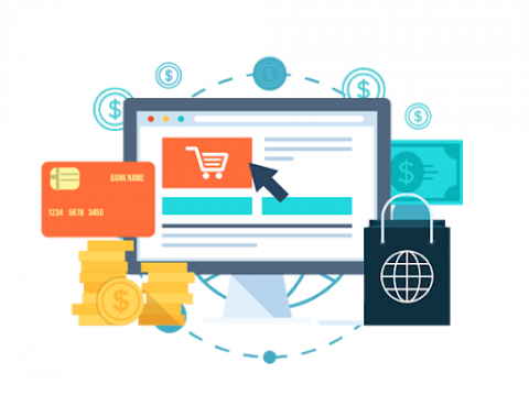 Graphic with computer monitor, shopping cart, credit card and shopping bag