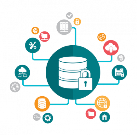 Data base surrounded with avatars of its characteristics, functions and tasks required to build one